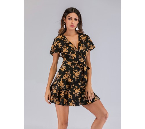 Floral Print Ruffle Hem Belted Dress