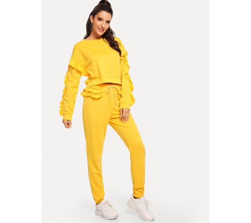 Drop Shoulder Flounce Crop Sweatshirt Sweatpants Set