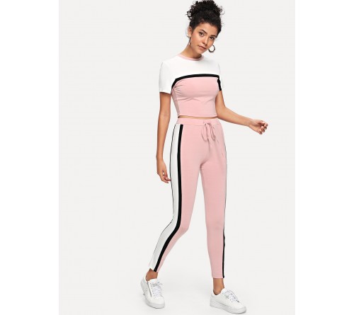 Cut and Sew Crop Top and Drawstring Waist Leggings Set