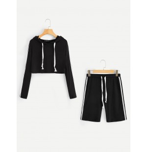 Striped Crop Hooded Tee Legging Shorts Active Suit