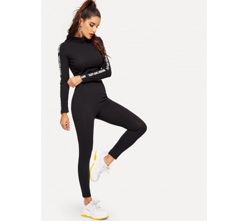 High Neck Letter Print Sleeve Crop Tee Leggings Set