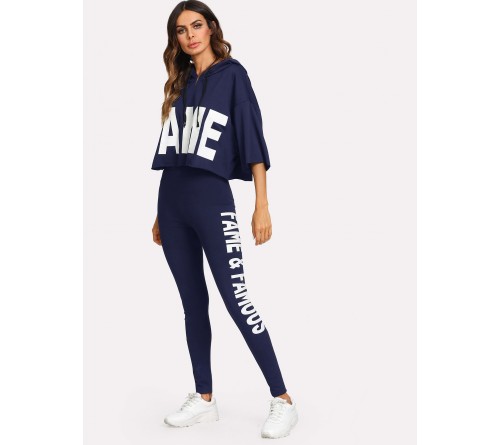 Letter Print Hooded Top Pants Set