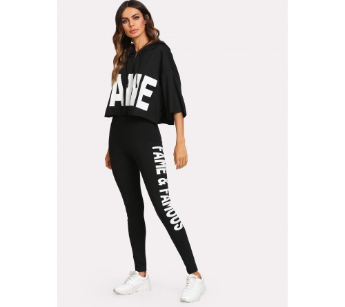 Letter Print Crop Top And Leggings Set