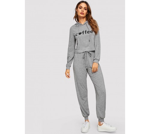 Letter Print Heather Grey Hoodie and Sweatpants Set