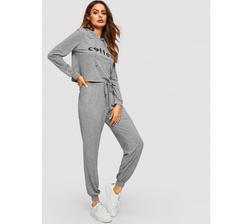 Letter Print Heather Grey Hoodie and Sweatpants Set