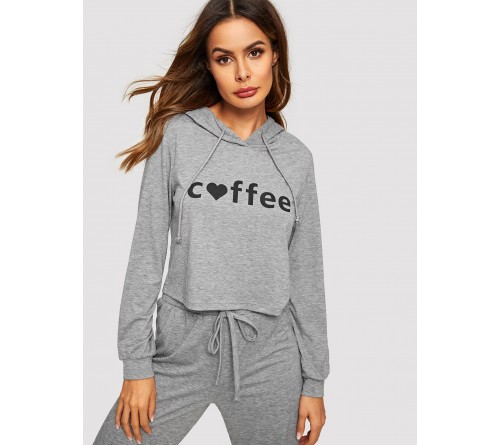 Letter Print Heather Grey Hoodie and Sweatpants Set