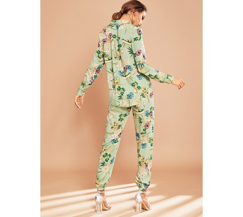 Flower Print Collar Top Drawstring Pants Set