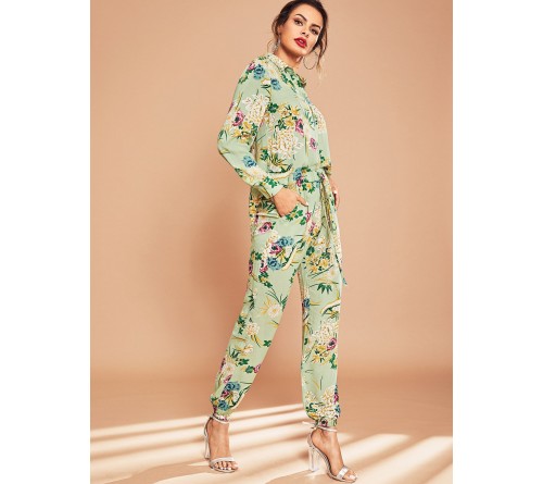 Flower Print Collar Top Drawstring Pants Set