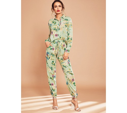 Flower Print Collar Top Drawstring Pants Set