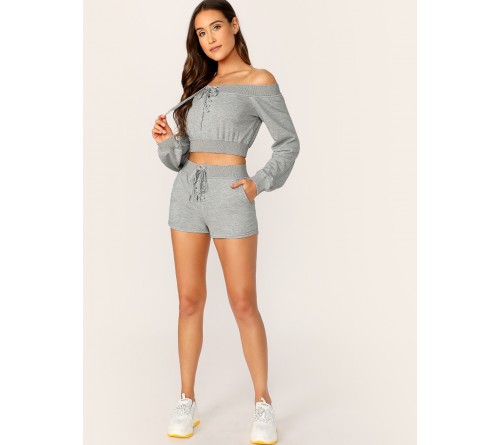 Lace Up Sweatshirt And Sweatshort Set