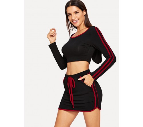 Contrast Binding Crop Hoodie Skirt Set