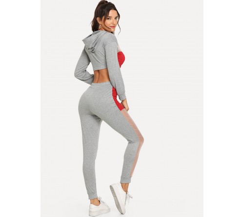 Mesh Panel Colorblock Drawstring Hoodie With Pants