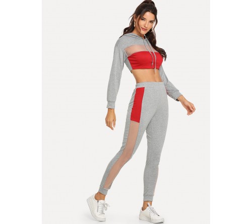 Mesh Panel Colorblock Drawstring Hoodie With Pants