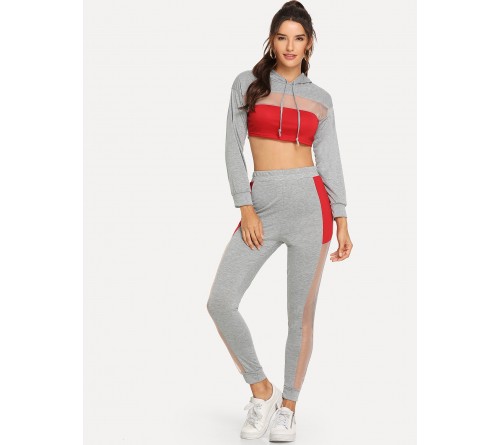 Mesh Panel Colorblock Drawstring Hoodie With Pants