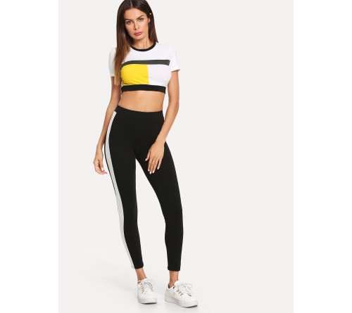 Color Block Crop Top Leggings Set