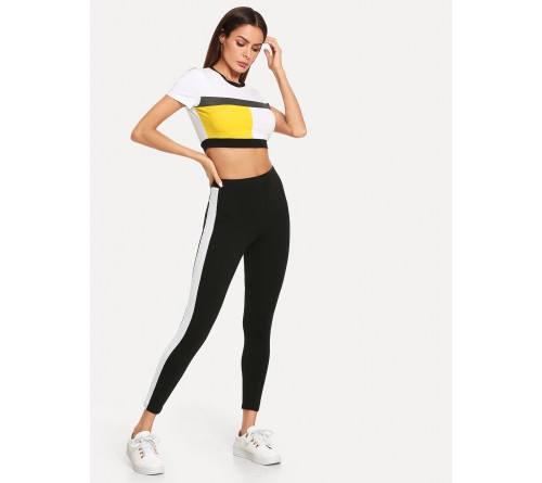 Color Block Crop Top Leggings Set