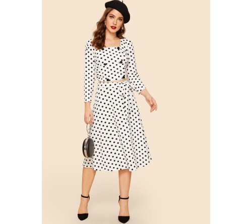 Square Neck Polka Dot Top Knot Skirt Set