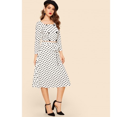 Square Neck Polka Dot Top Knot Skirt Set