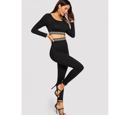 Square Neck Greek Fret  Crop Top Leggings Set