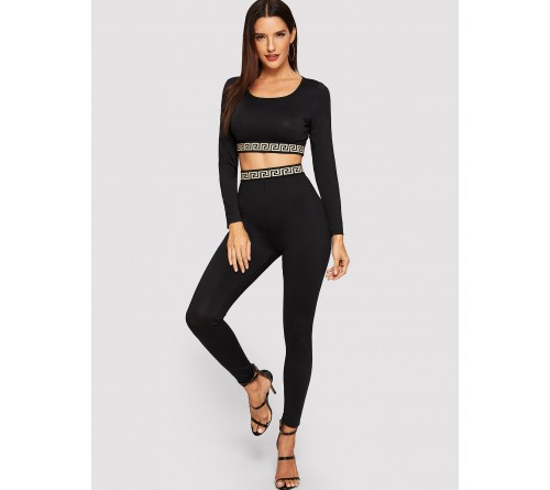 Square Neck Greek Fret  Crop Top Leggings Set