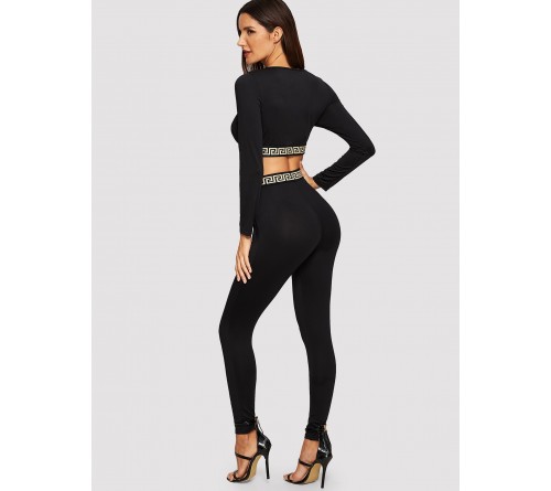 Square Neck Greek Fret  Crop Top Leggings Set