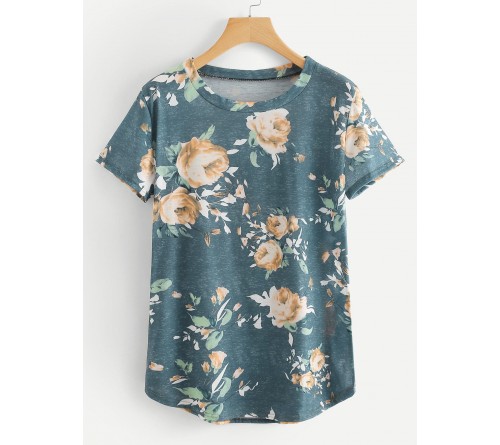 Random Flower Print Curved Hem Tee