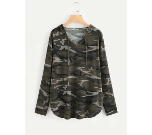 Curved Hem Camo Hooded Tee