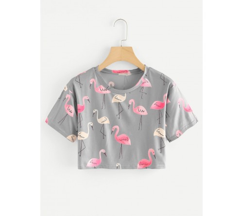 Flamingo Print Crop Tee