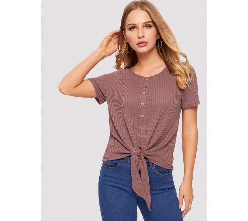 Button Front Knot Hem Waffle Knit Tee