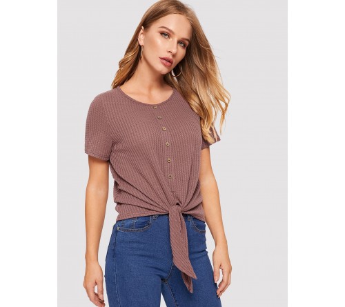 Button Front Knot Hem Waffle Knit Tee