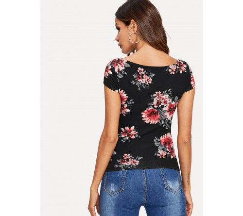 Scoop Neck Flower Print Tee