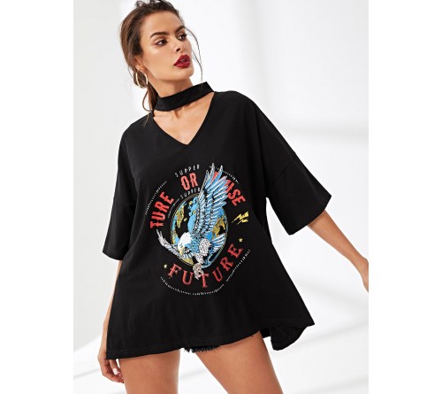 Choker V-Neck Drop Shoulder Print Tee