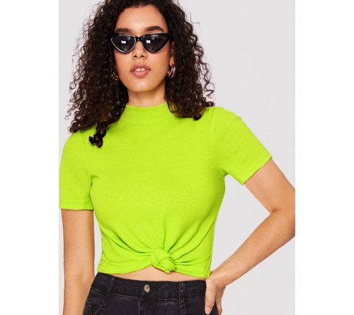 Mock Neck Rib-knit Form Fitted Neon Top