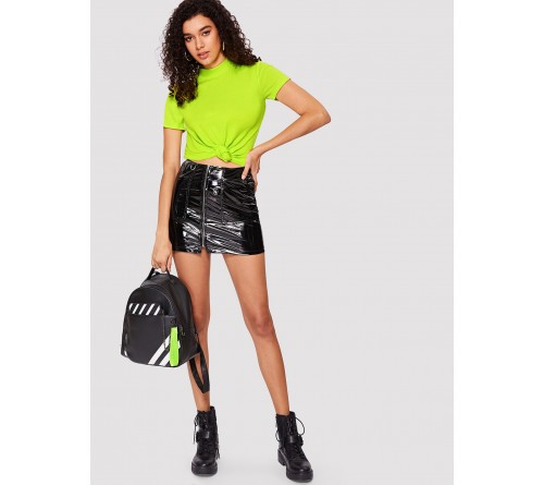 Mock Neck Rib-knit Form Fitted Neon Top