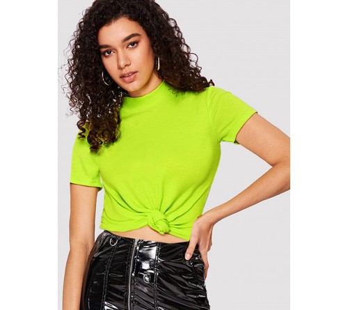 Mock Neck Rib-knit Form Fitted Neon Top