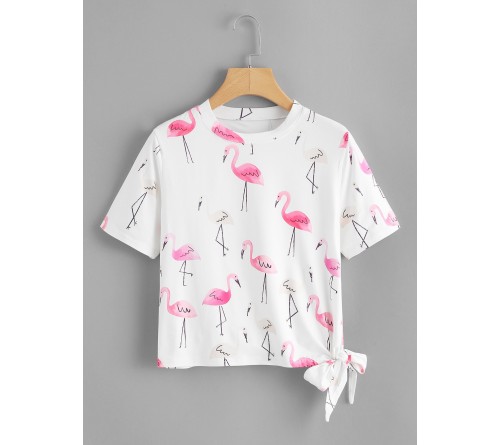 Knot Side Flamingo Print Tee