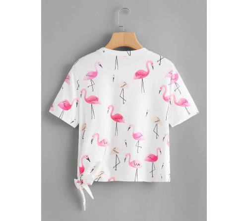 Knot Side Flamingo Print Tee