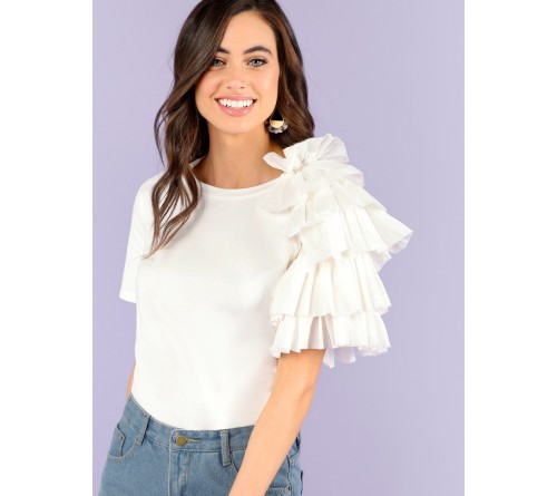 Layered Ruffle Trim Fitted Tee