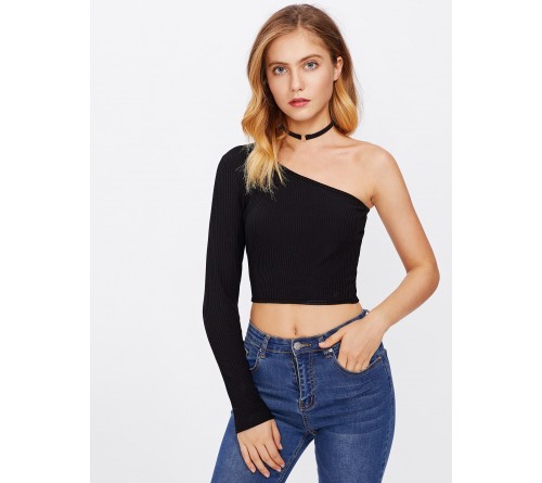 Oblique Shoulder Crop Ribbed Tshirt