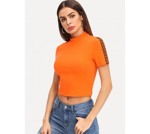 Neon Orange Mock Neck Plaid Panel Crop Tee