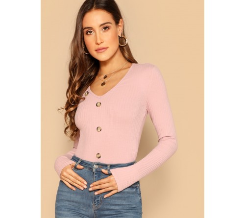 Button Embellished Rib-knit Fitted Tee