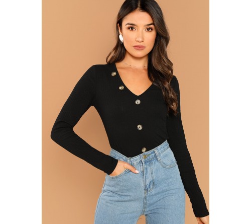 Button Detail Rib Knit Tee