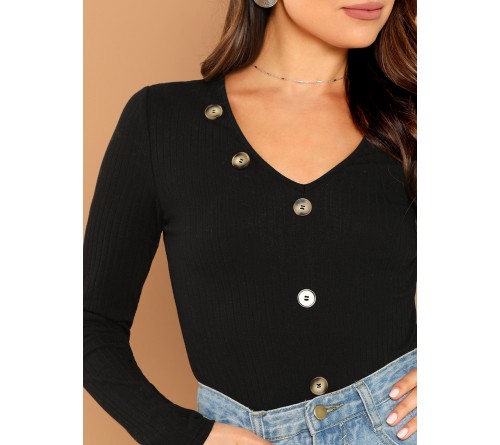 Button Detail Rib Knit Tee