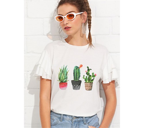 Layered Butterfly Sleeve Cactus Print Tee