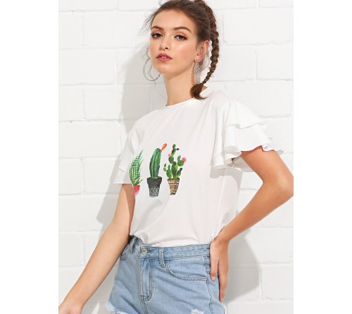 Layered Butterfly Sleeve Cactus Print Tee