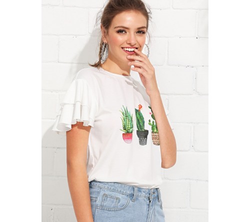 Layered Butterfly Sleeve Cactus Print Tee