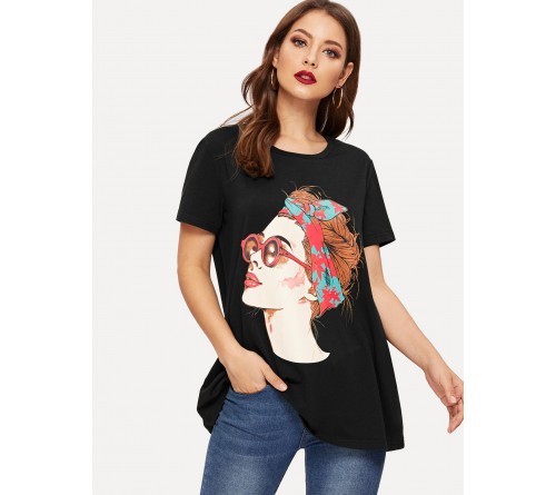 Figure Print Short Sleeve Longline Tee