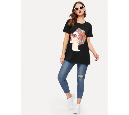 Figure Print Short Sleeve Longline Tee