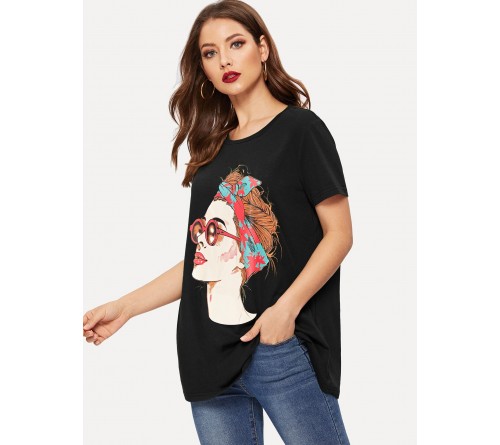 Figure Print Short Sleeve Longline Tee