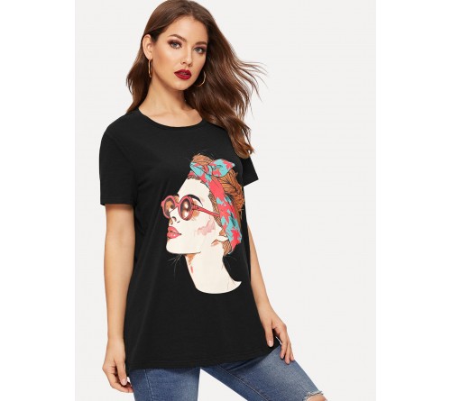 Figure Print Short Sleeve Longline Tee